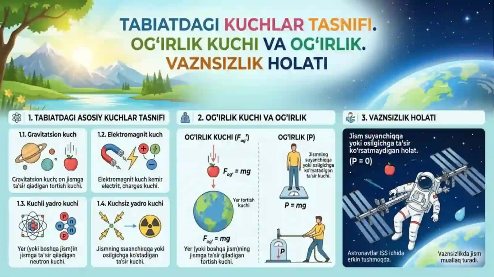 tabiatdagi kuchlar tasnifi. og'rlik kuchi va og'irlik. vazinsizlik holati 2