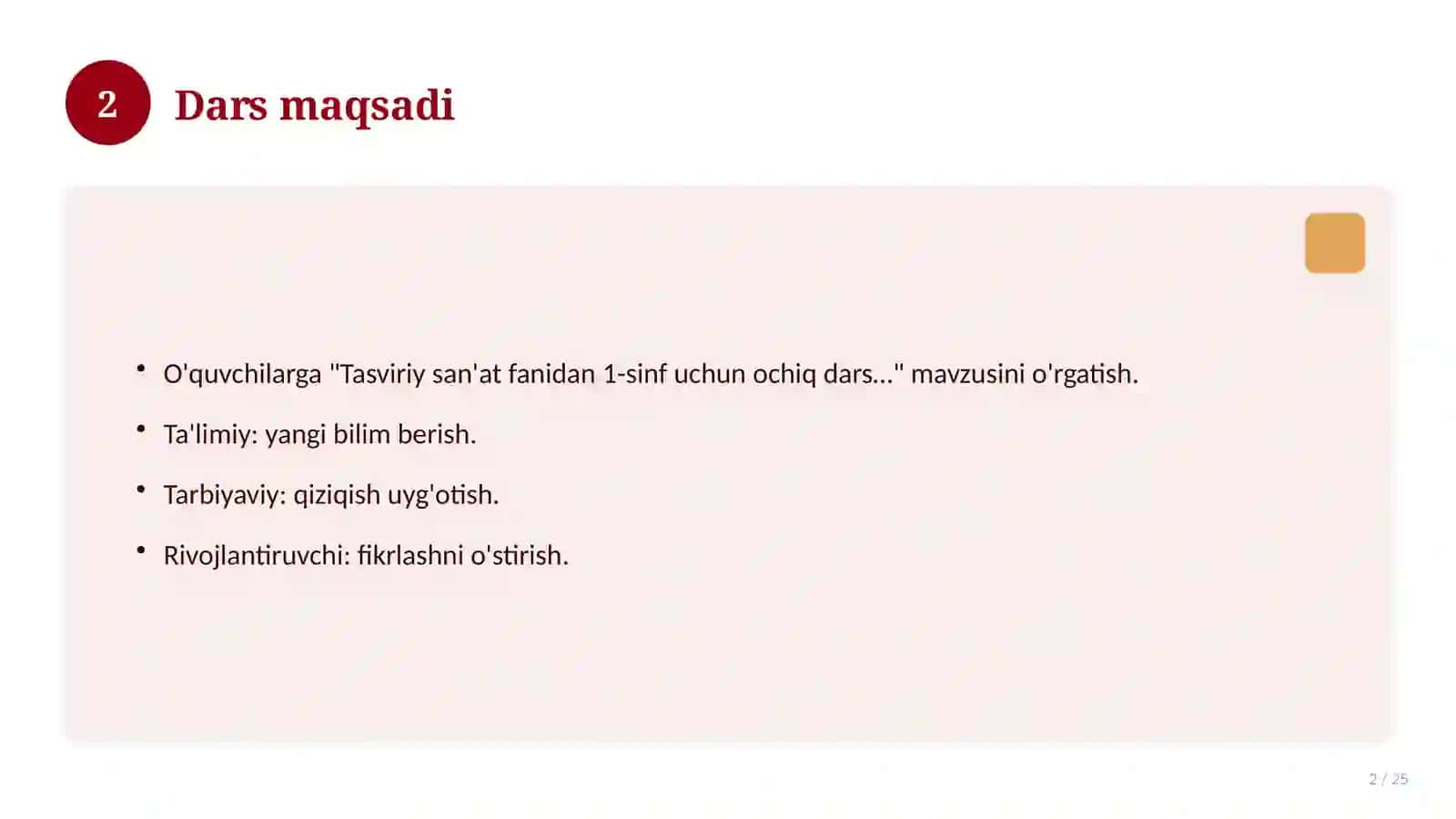 Tasviriy san'at fanidan 1-sinf uchun ochiq dars ishlanmasi 2
