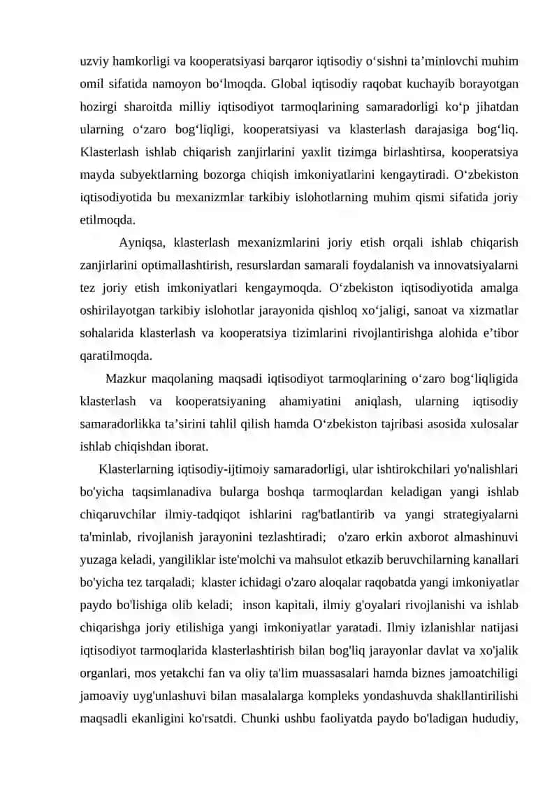 Iqtisodiyot tarmoqlarining o‘zaro bog‘liqligida klasterlash va kooperatsiyaning o‘rni 2