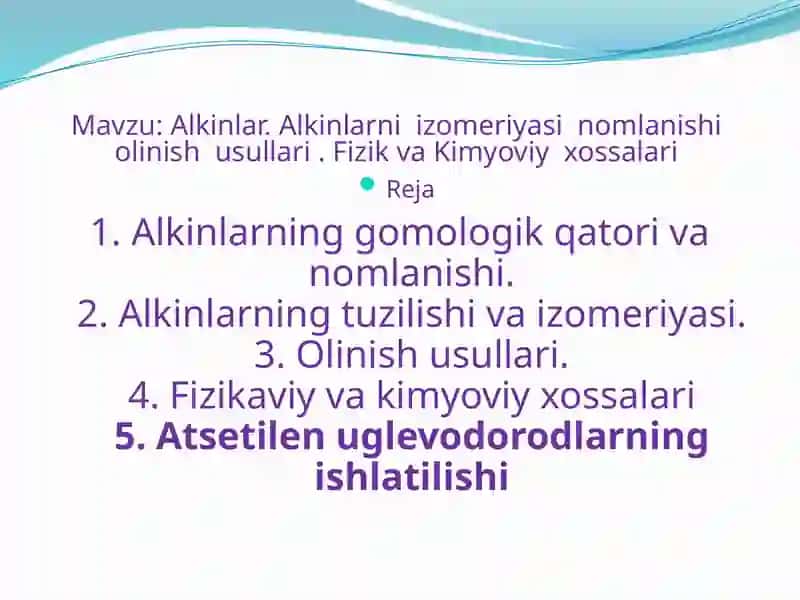 Alkinlar. Alkinlarni izomeriyasi  nomlanishi  olinish  usullari . Fizik va kimyoviy  xossalari 2