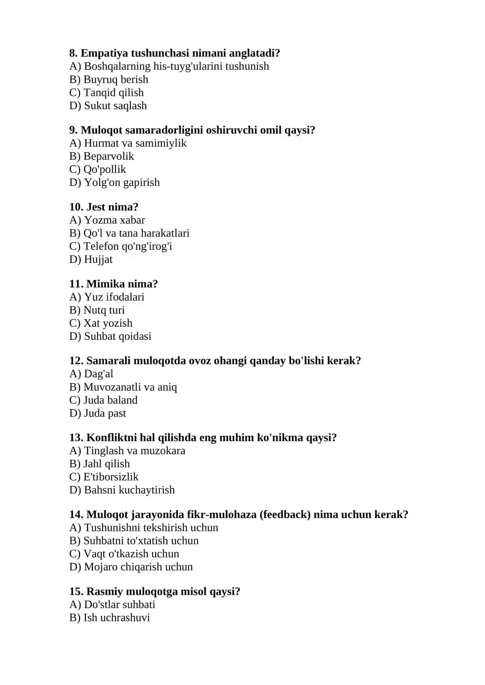 Muloqotning samarali ta'sir vositalari mavzusi bo'yicha testlar 2