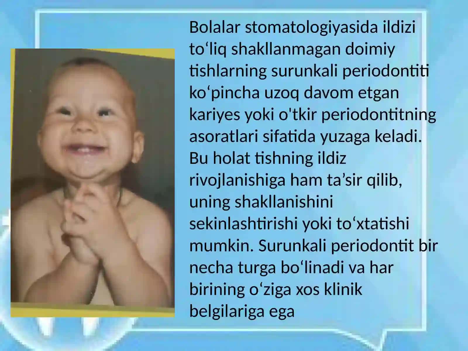 Bolalarda ildizi shakllanmagan doimiy tishlarda surunkali periodontitlarning turlariga xos belgilarni aniqlash 2