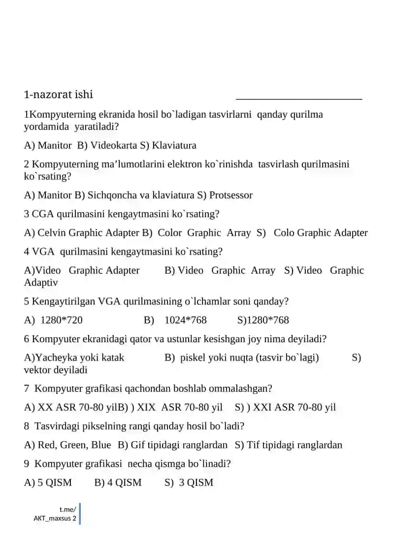 INFORMATIKA FANDAN NAZORAT ISHLARI DAFTARI 2