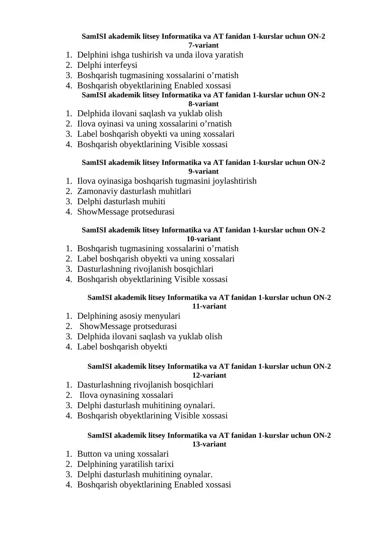 SamISI akademik litsey Informatika va AT fanidan 1-kurslar uchun ON-2 2