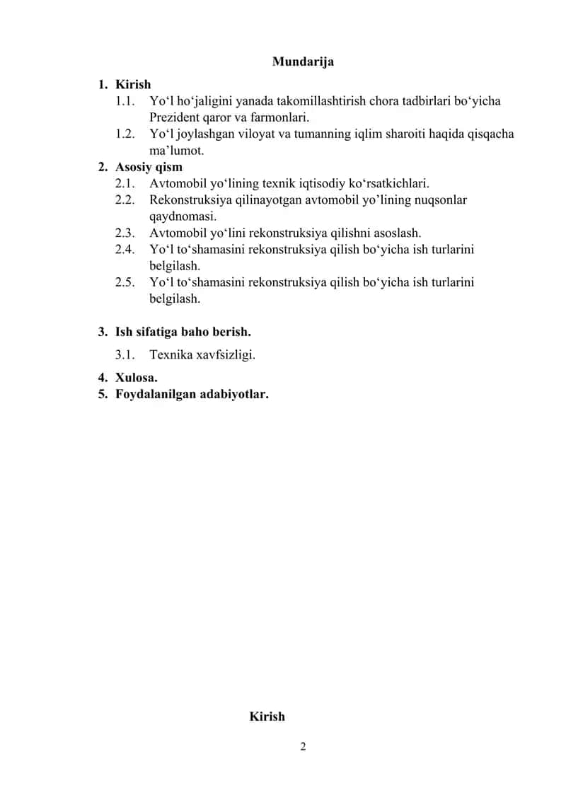 M-41 Bishkek – Dushanbe – Termiz avtombil yo’lining 1460 - 1465 qismini rekonstruksiya qilish texnologiyasini ishlab chiqish 2