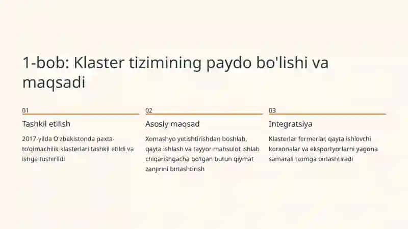Paxta-to'qimachilik klasterlarining iqtisodiy samaradorligi 2