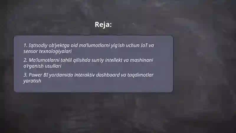Iqtisodiy ob’yektga oid ma’lumotlar asosida taqdimot tayyorlash va amalga oshirishning zamonaviy texnologiyalaridan foydalanish 2