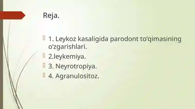 Qon kasalliklarida parodont o’zgarishlari. Klinikasi, qiyosiy tashxisi. Davolash, profilaktika. 2
