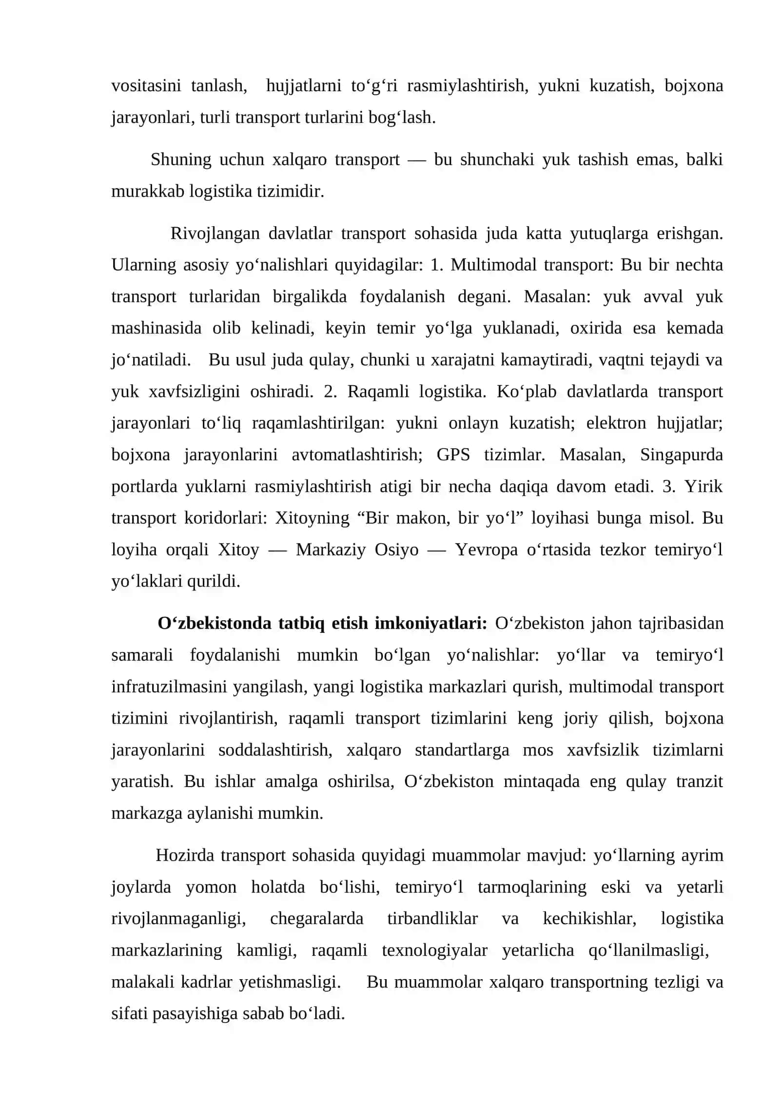 Хаlqаrо trаnspоrt tаshuvlаrining jаhоn tаjribаsi vа uni rеspublikаmizgа tаdbiq etish 2