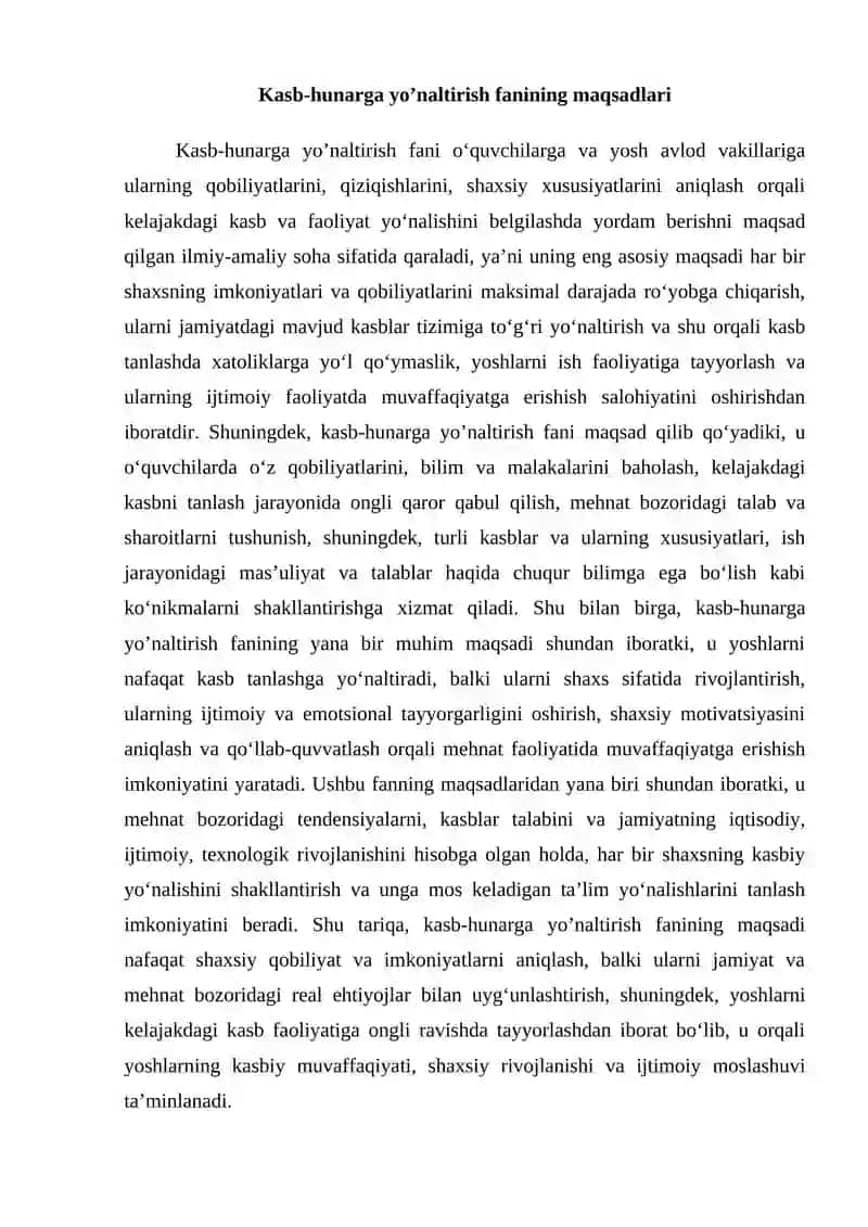 Kasb-hunarga yo’naltirish fanining maqsad va vazifalari, uning tarixiy taraqqiyoti 2