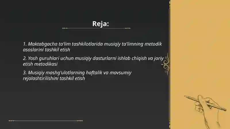 Maktabgacha ta'lim tashkilotlarida musiqiy ta'lim metodikasi boʻyicha ishlarni tashkil etish 2