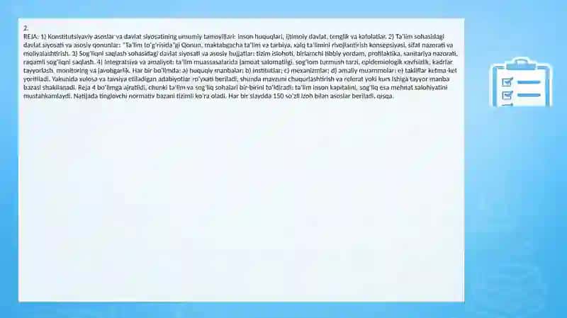 Oʻzbekiston Respublikasining taʼlim va sogʻliqni saqlash sohasidagi davlat siyosati hamda qonunlari 2