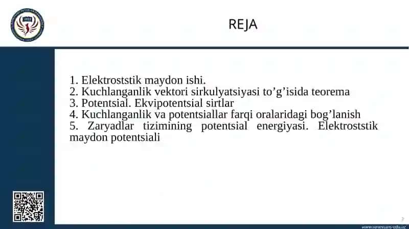 Elektrstatik maydonida zaryadni ko‘chirishda bajarilgan ish 2