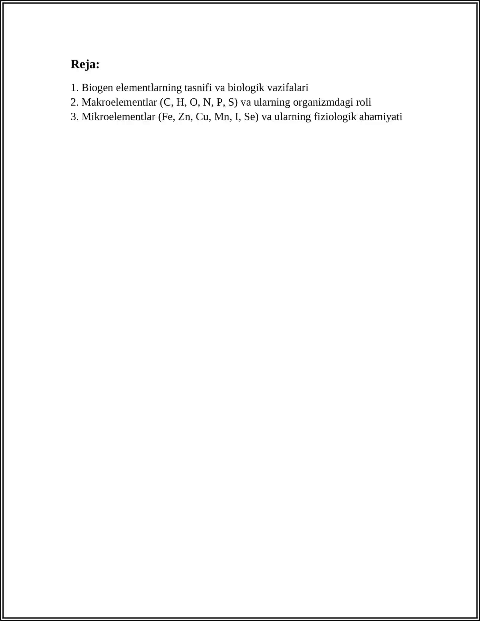BIOGEN ELEMENTLAR. ERITMALARNING KOLLIGATIV XOSSALARI. BUFER SISTEMA 2
