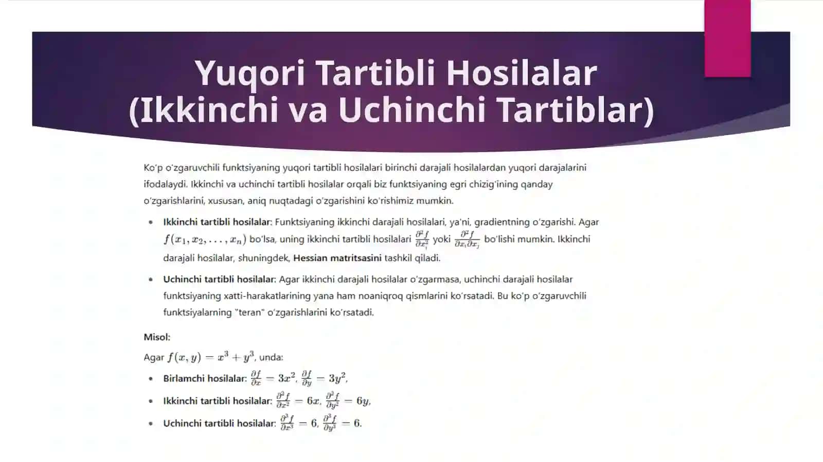 Ko’p o’zgaruvchili funktsiyaning yuqori tartibli xosila va differentsiali.Murakkab funksiyaning yuqori tartibli differensiali Teylor formulasi 2
