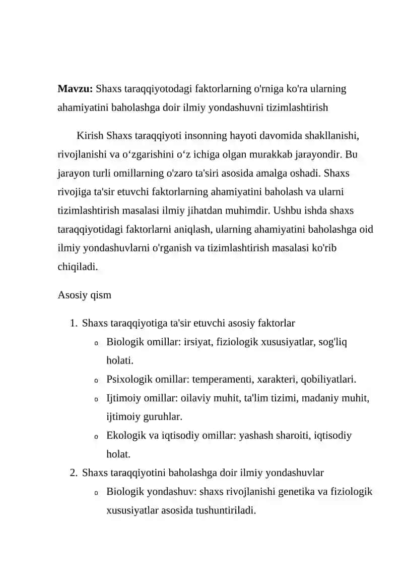 Shaxs taraqqiyotidagi faktorlarning o'rniga ko'ra ularning ahamiyatini baholashga doir ilmiy yondashuv tizimini tizimlashtirish 2