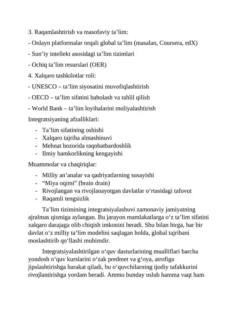 Komparativistik pedagogika. JAHON MAMLAKATLARI TA`LIM TIZIMINING INTEGRATSIYALASHUVI. 2