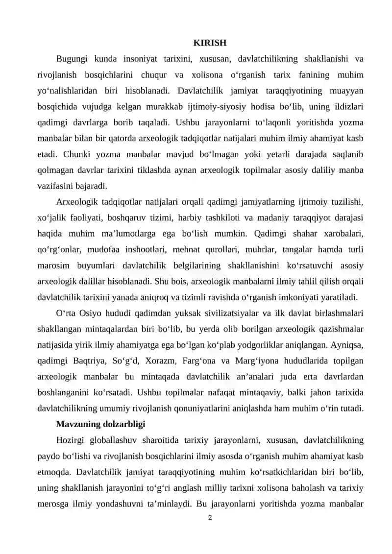 ARXEOLOGIK TADQIQOTLAR NATIJALARIDAN DAVLATCHILIK TARIXINI O'RGANISHDA FOYDALANISH 2