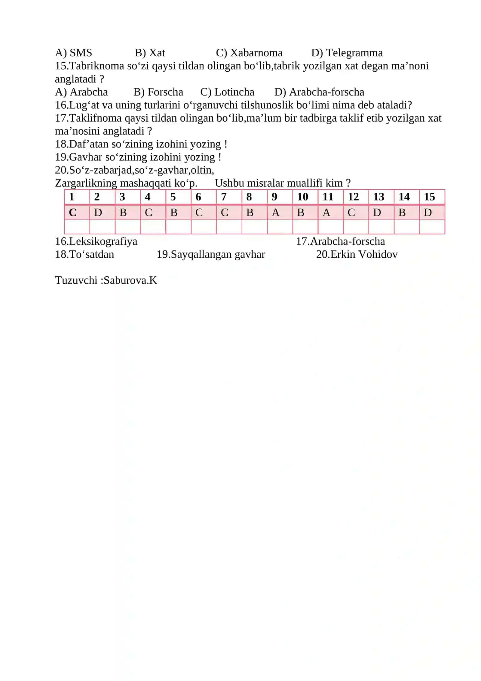 5-sinf ona tili fanidan 4-chorak testi 2