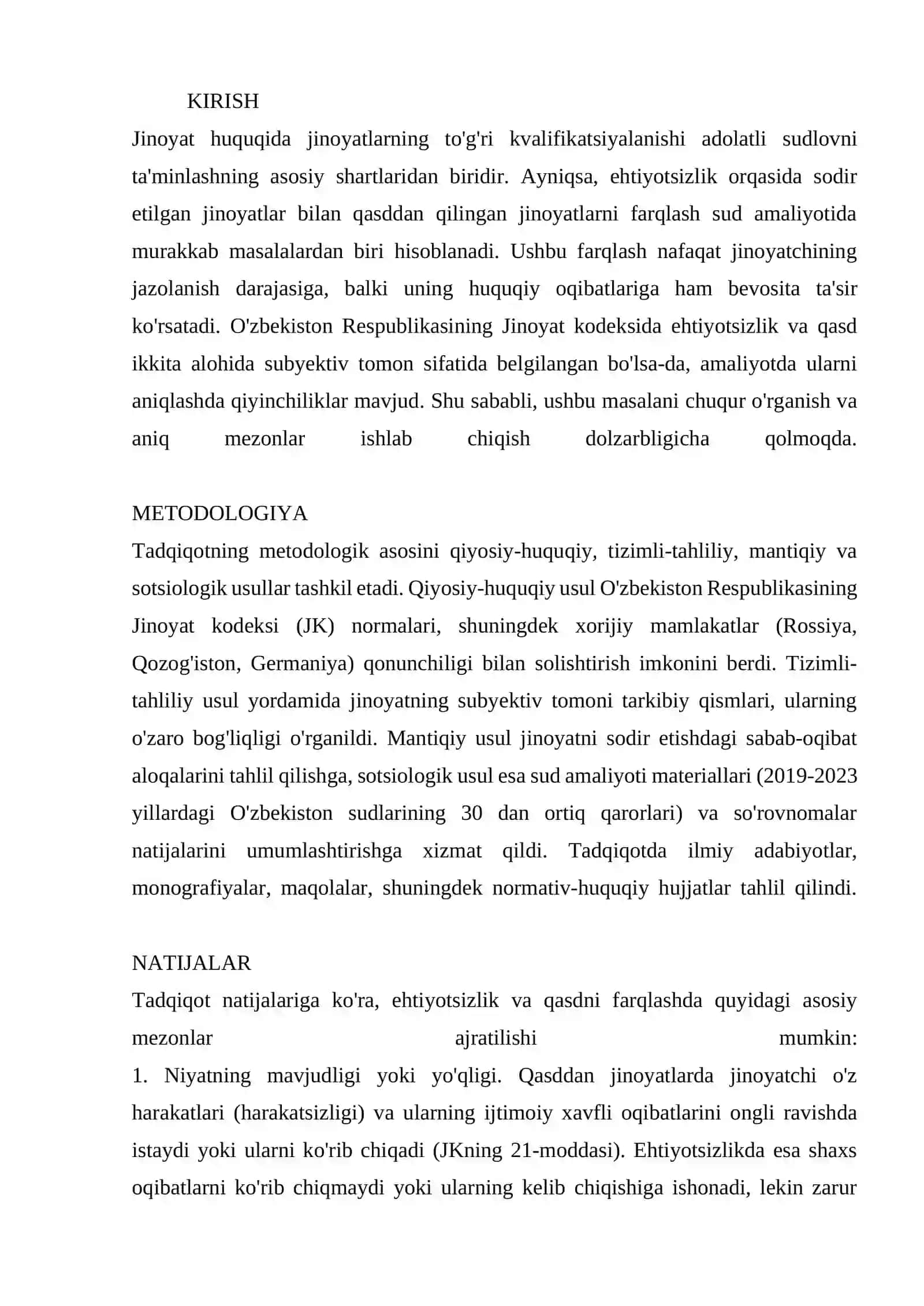 EHTIYOTSIZLIK ORQASIDA SODIR ETILGAN JINOYATLARNI QASDDAN QILINGAN JINOYATLARDAN FARQLASH MEZONLARI 2