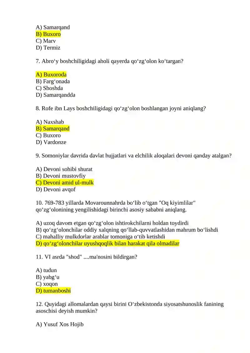 IX-XII asrlarda o’zbek davlatchiligi rivoji Test savollari 2
