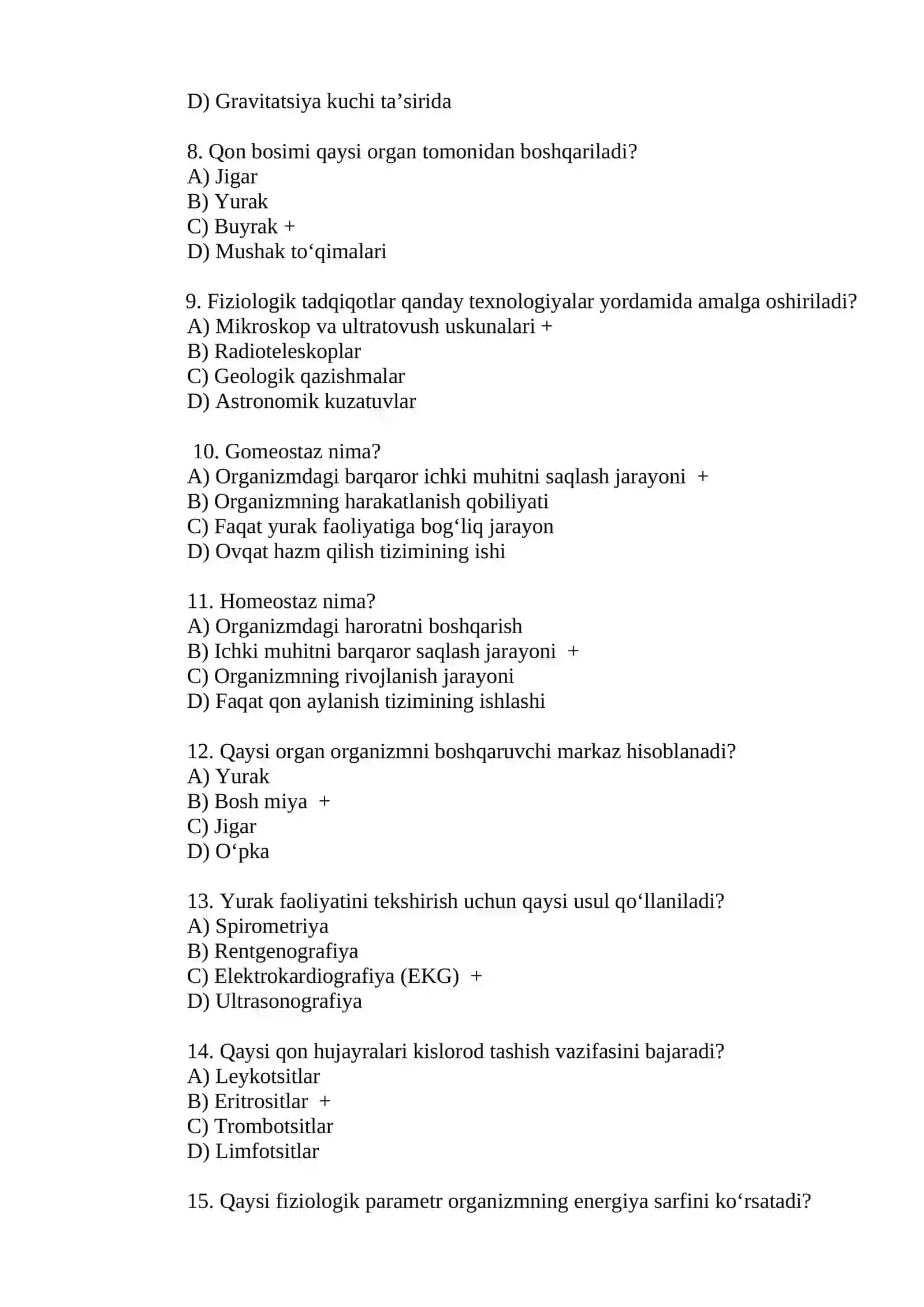 Fiziologiya fani haqida test savollar 2