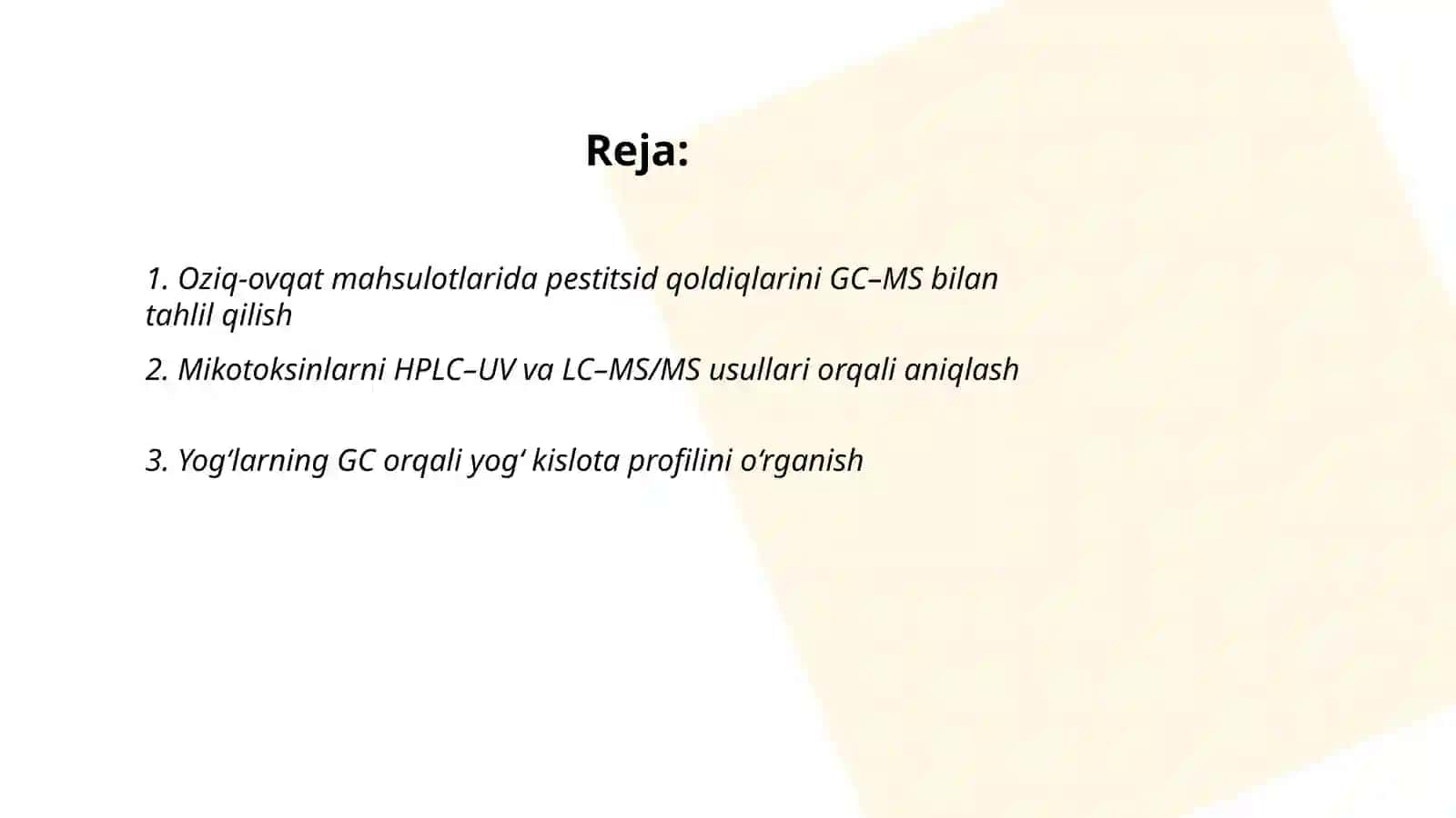 Oziq-ovqat mahsulotlarini xromatografik usullarda tahlil qilish 2