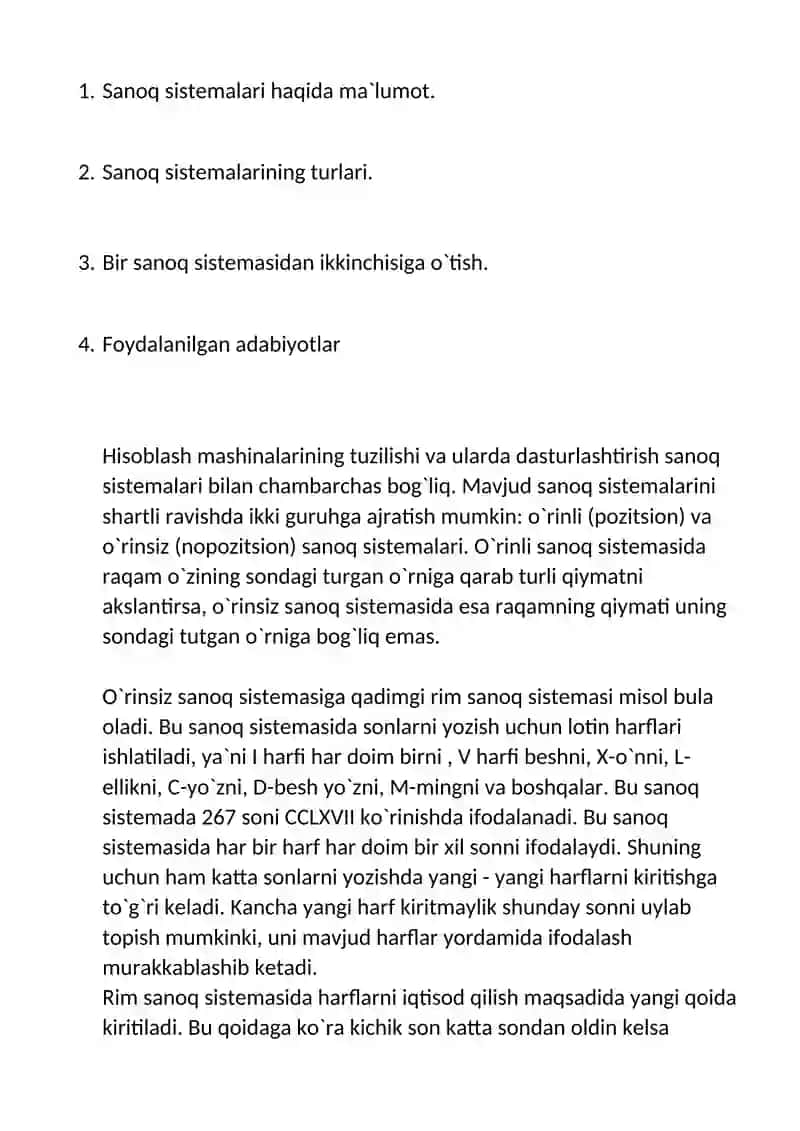 Turli sanoq sistemalari tarixda qoʼllanishi va ularning ishlash asoslarini aytib bering 2