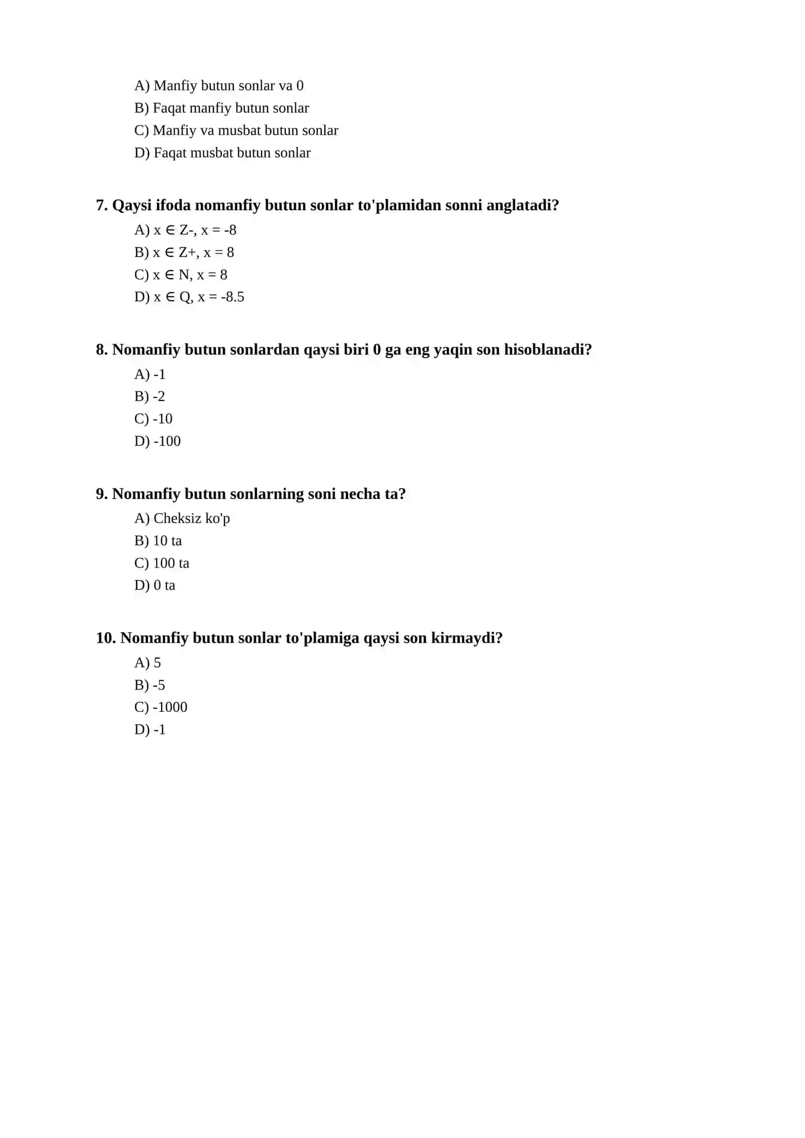 Nomanfiy butun sonlar to'plami bo'yicha test 2