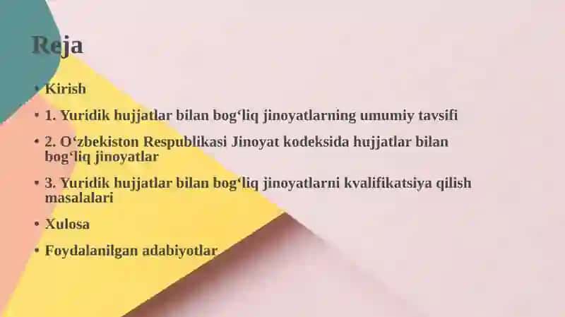 O‘zbekiston Respublikasi Jinoiyat qonun chiligiga asosan yuridik hujjatlar bilan bog‘liq jinoiyatlar 2