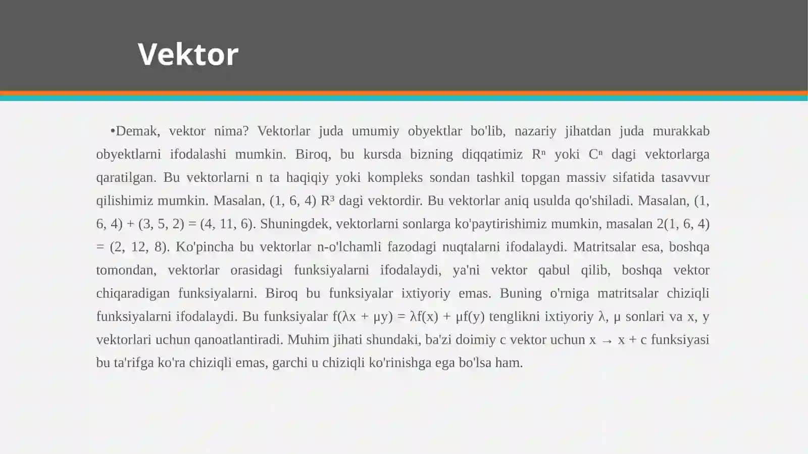 Vektor vamatritsani ko‘paytirish, matritsa elementlarini taqsimlash 2