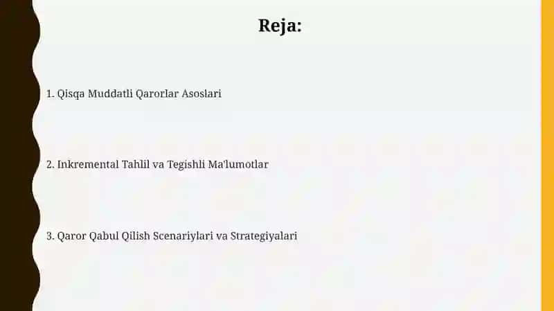 Qisqa muddatli qarorlar qabul qilish va tahlil qilish 2