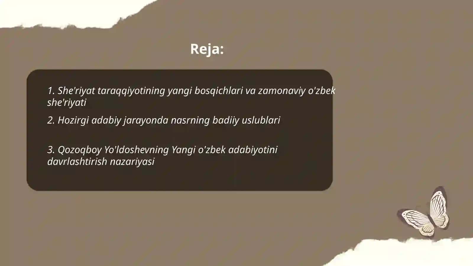 Adabiy jarayonda she'riyat taraqqiyoti Hozirgi adabiy jarayonda nasrchilik badiiyati Yangi o'zbek adabiyotini adabiyotshunos Qozoqboy Yo'ldoshev tomonidan davrlashtirish masalasiga e'tiber qaratilishi. Tahliliy qarashlarga munosabat bildirish Jahon bolalar adabiyoti asarlari tahlili 2