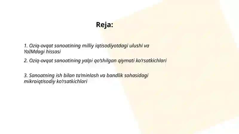 Oziq-ovqat sanoatining milliy iqtisodiyot va uning mikroiqtisodiyoti koʻrsatgichlari 2