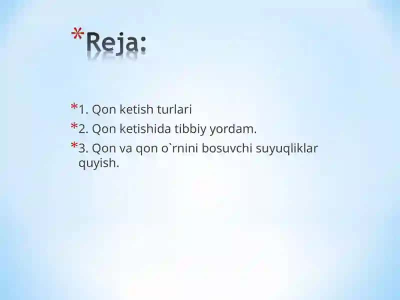 REANIMATSIYA VA OZIQSIZLANTIRISH QON KETISHI TURLARI TIBBIY YORDAM 2