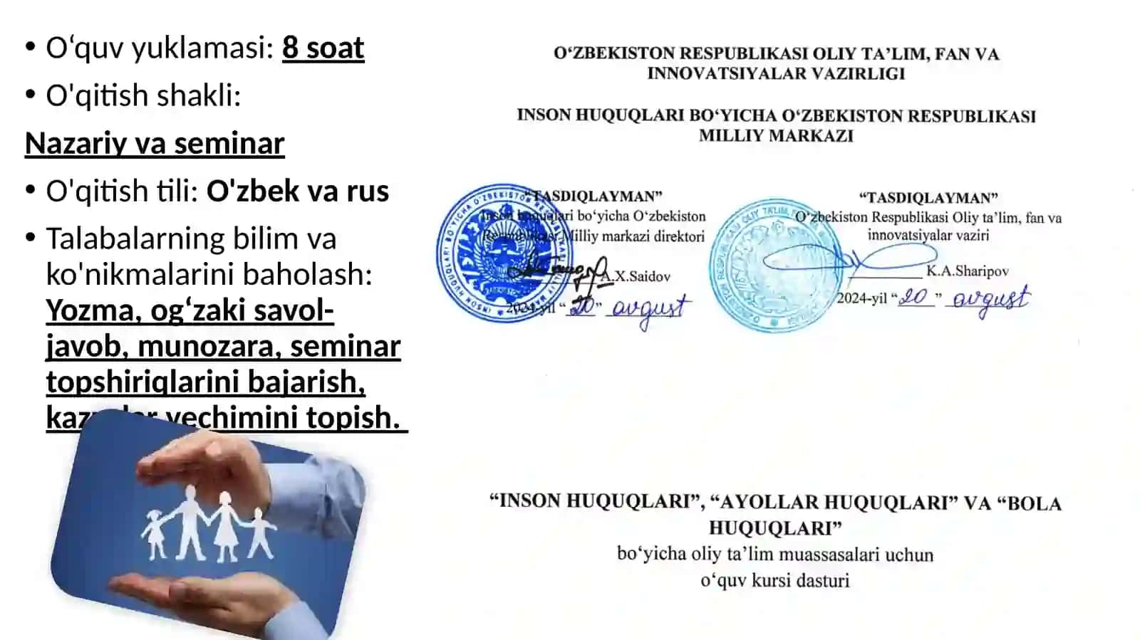 “Insonhuquqlari”, “Ayollarhuquqlari”,“Bolahuquqlari”maxsuskursi 2
