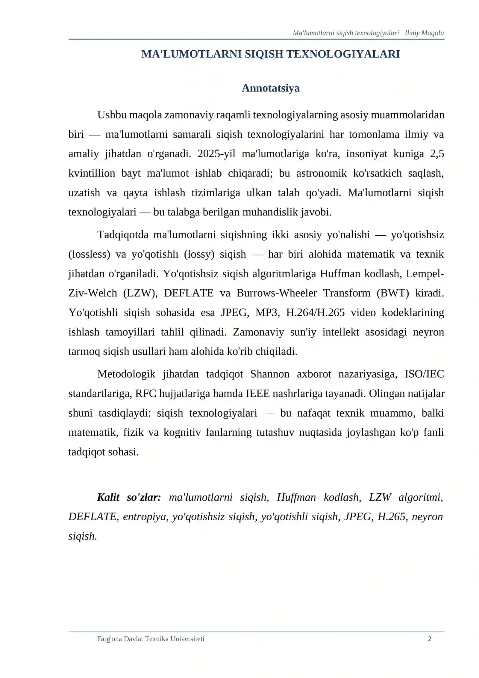 MA'LUMOTLARNI SIQISH TEXNOLOGIYALARI 2