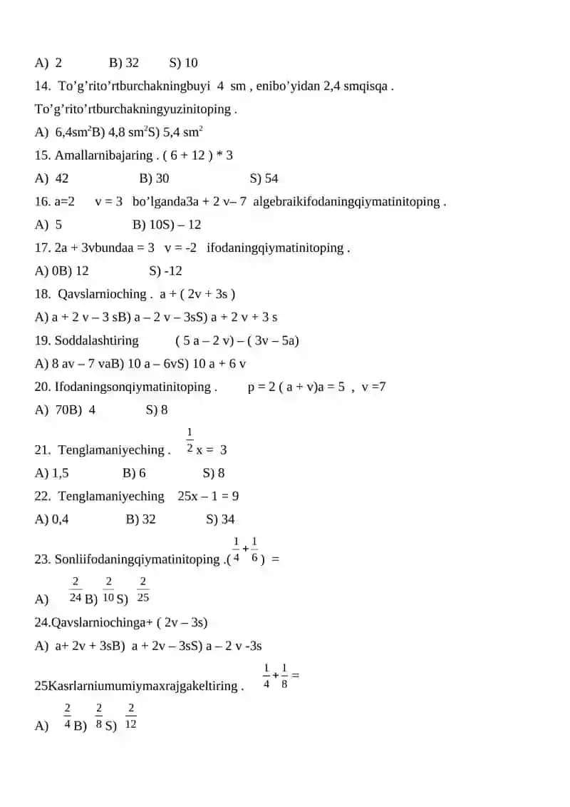 7 – sinf.Matematika. I-chorak. I-variant 2