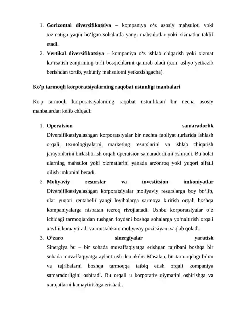 Diversifikatsiyalashgan ko‘p tarmoqli korporatsiyalar 2