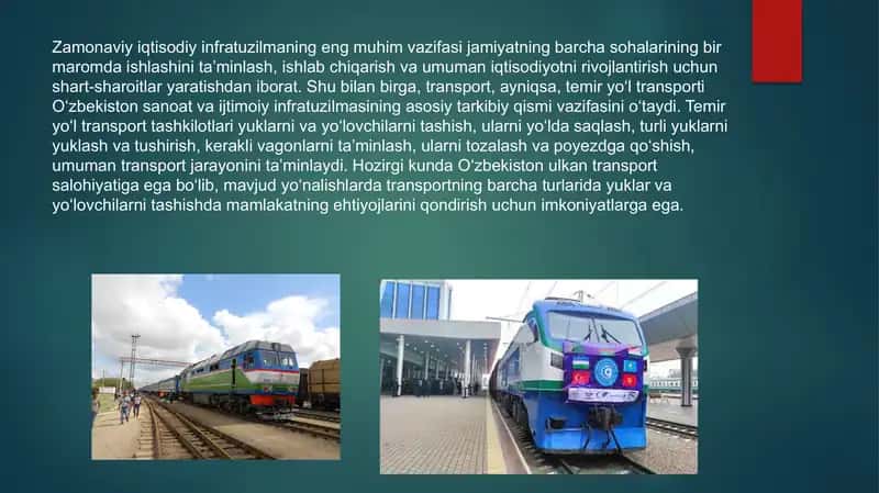 O'zbekiston temir yo'l transporti yutuqlari va rivojlantirish muammolari 2