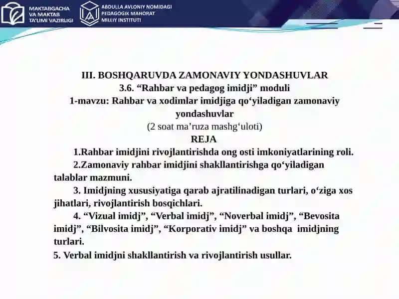 Rahbar va xodimlar imidjiga qo‘yiladigan zamonaviy yondashuvlar 2