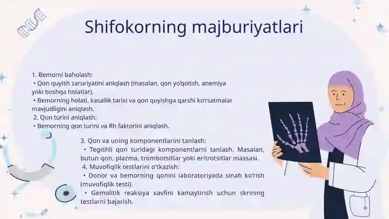 Qon quyish bo‘yicha shifokorning majburiyatlari 2