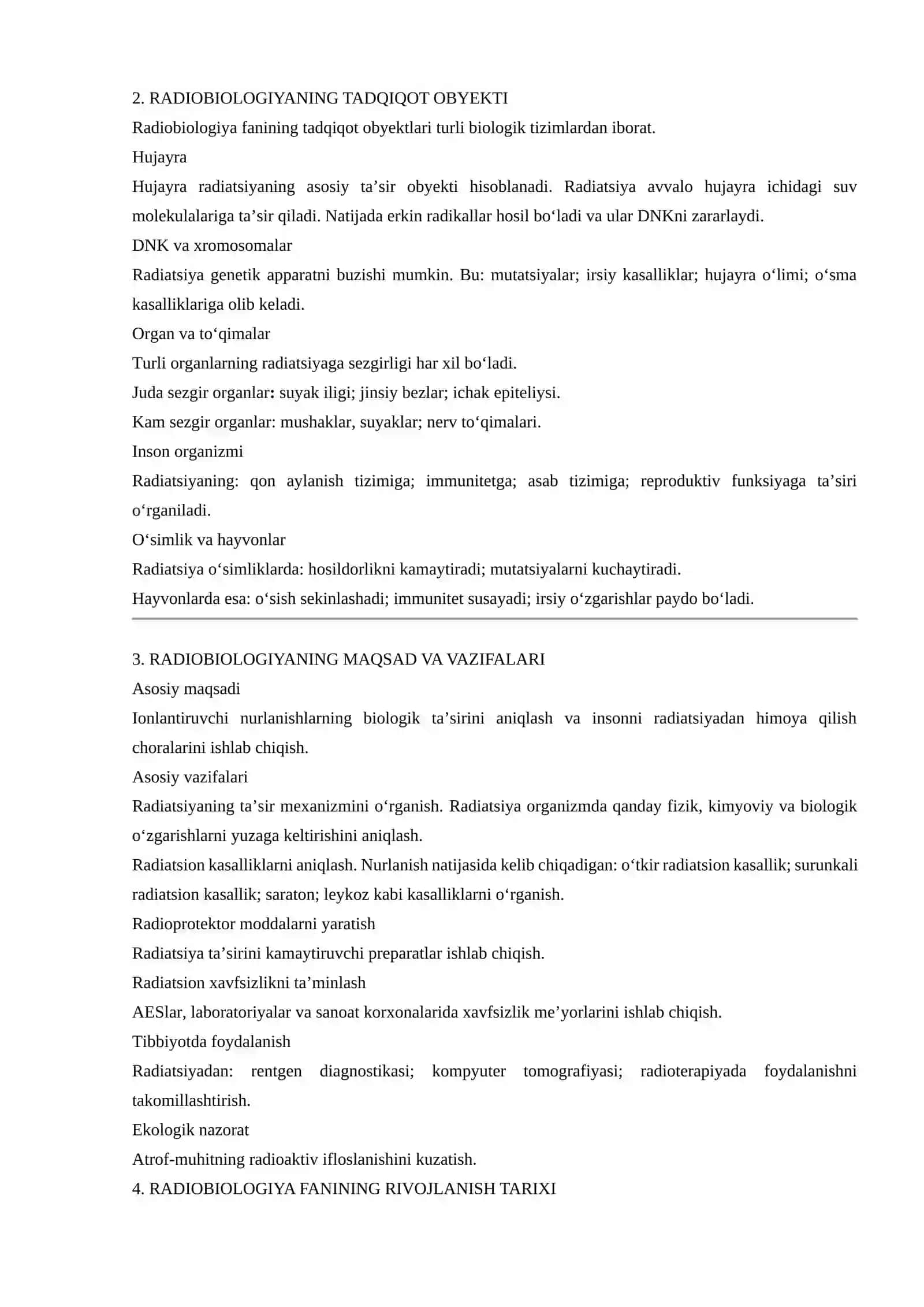 Radiobiologiya fanining predmeti, tadqiqot obyekti, maqsad va vazifalari, fan rivojlanish tarixi. Ionlantiruvchi nurlanish va uning xossalari. Dozimetriya qurilmalari 2