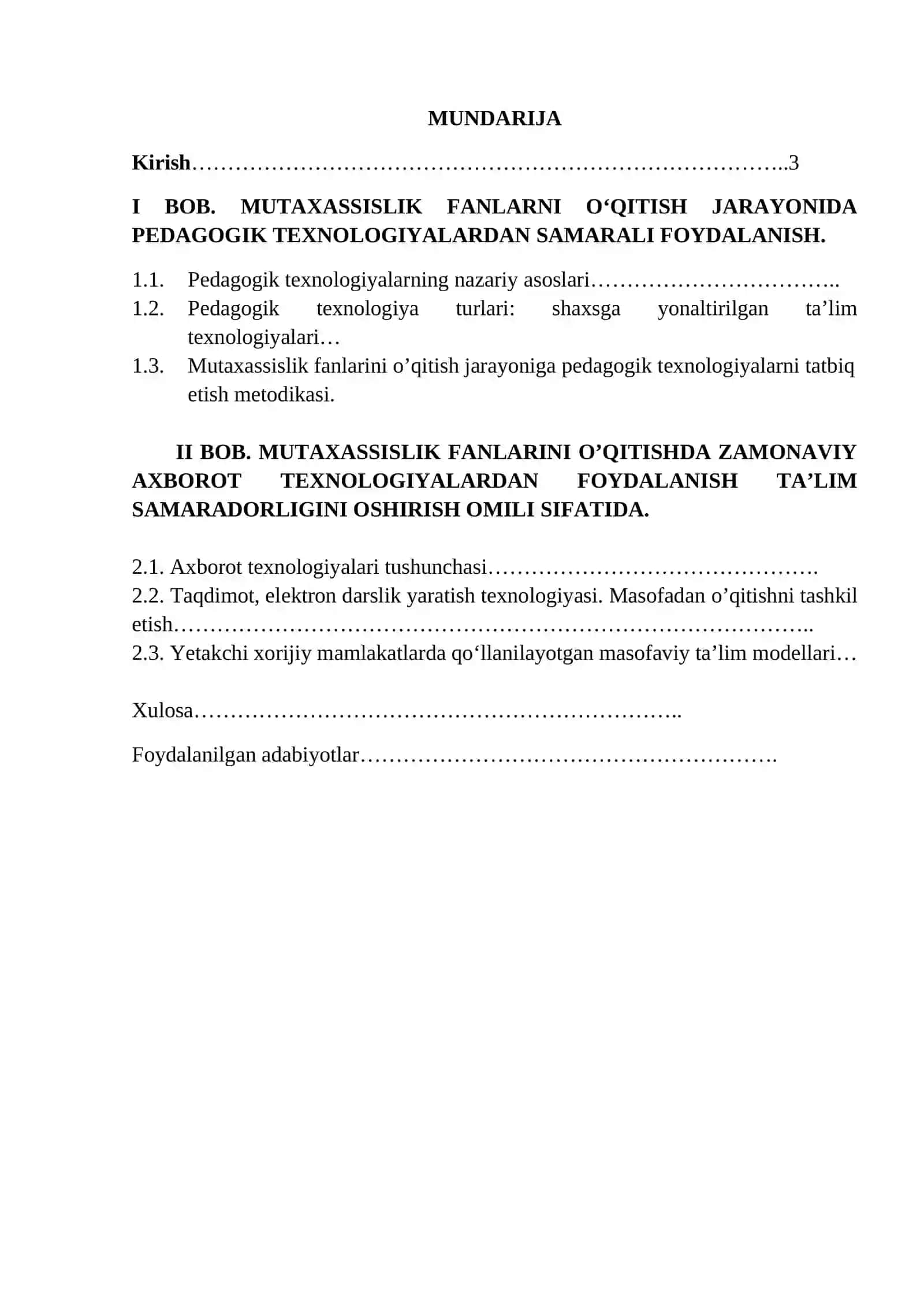"MUTAXASISLIK FANLARNI O‘QITISH METODIKASI" FANIDAN KURS ISHI 2