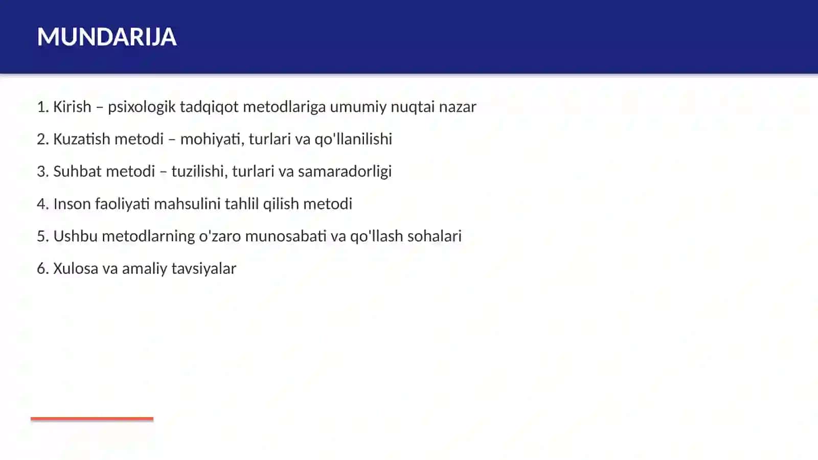 Kuzatish, suhbat, inson faoliyati mahsulini tahlil qilish Psixologiyaning metodlari sifatida 2