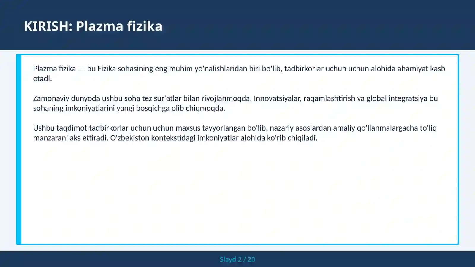 KIRISH: Plazma fizika 2