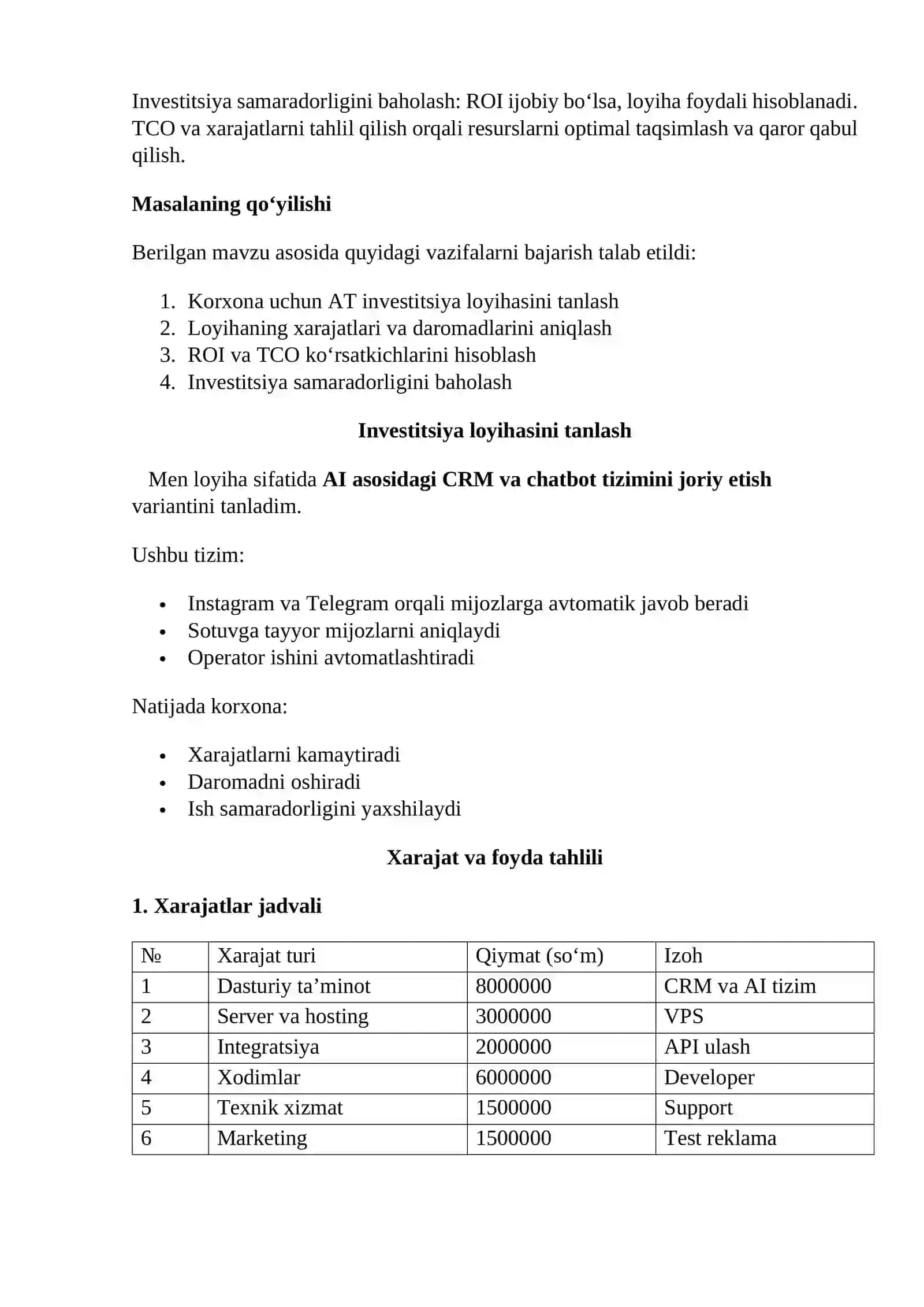 Amaliy ish. AT investitsiyalarni rejalashtirish va samaradorligini baholash (ROI, TCO) 2