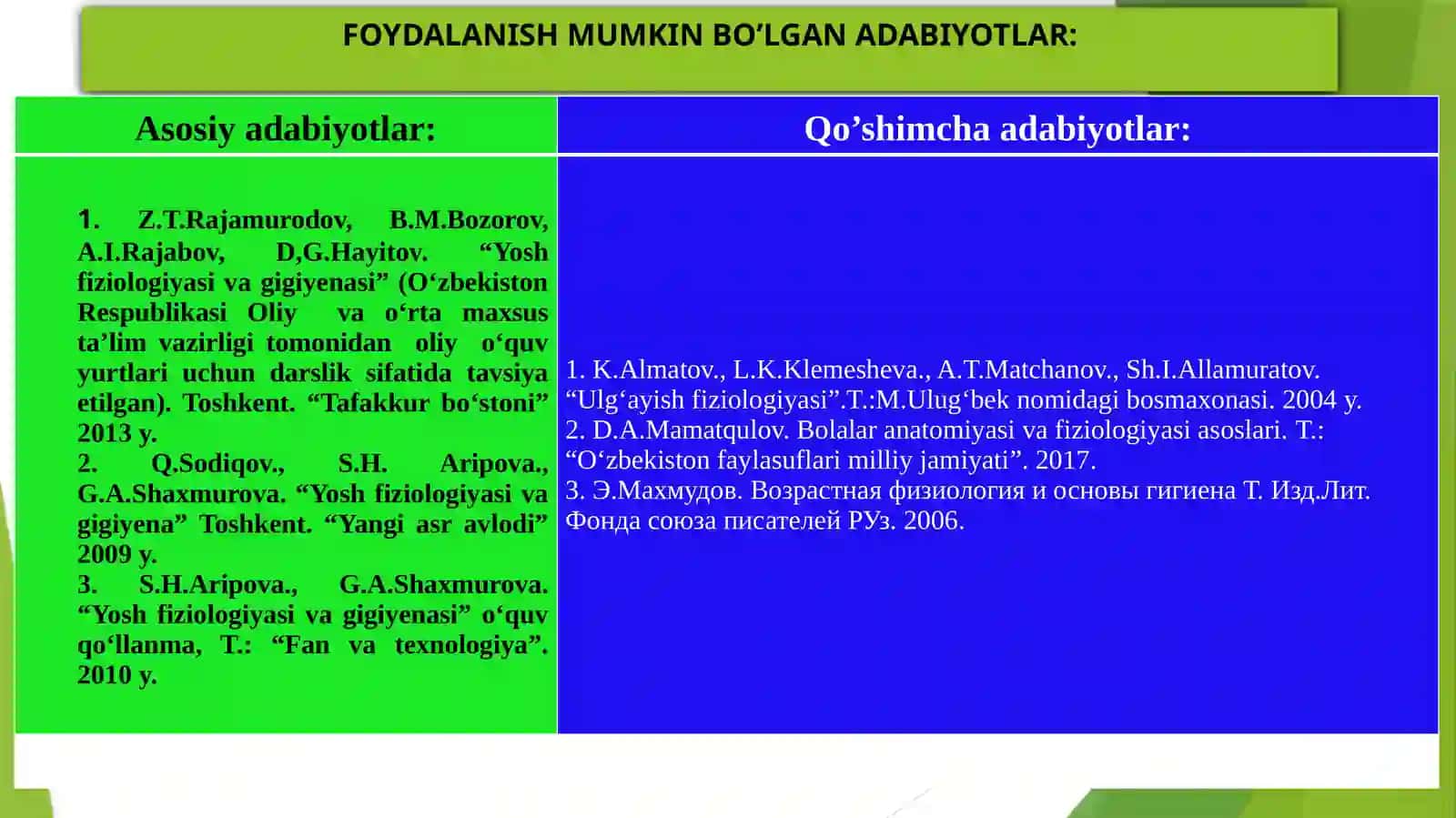 Yosh fiziologiyasi va gigiyena fani 2