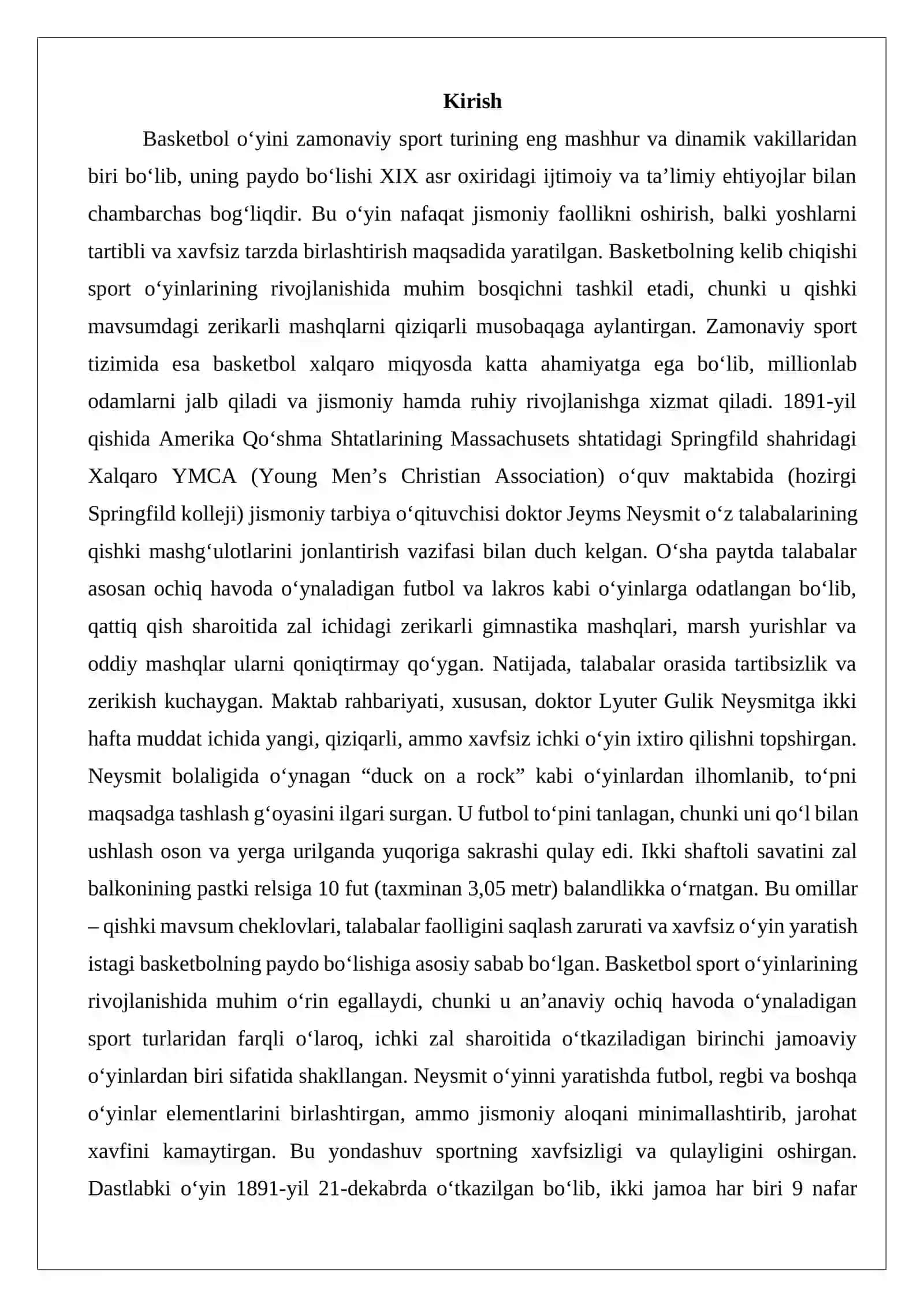 Basketbol o‘yining kelib chiqish tarixi va dastlabki qoidalari. 2