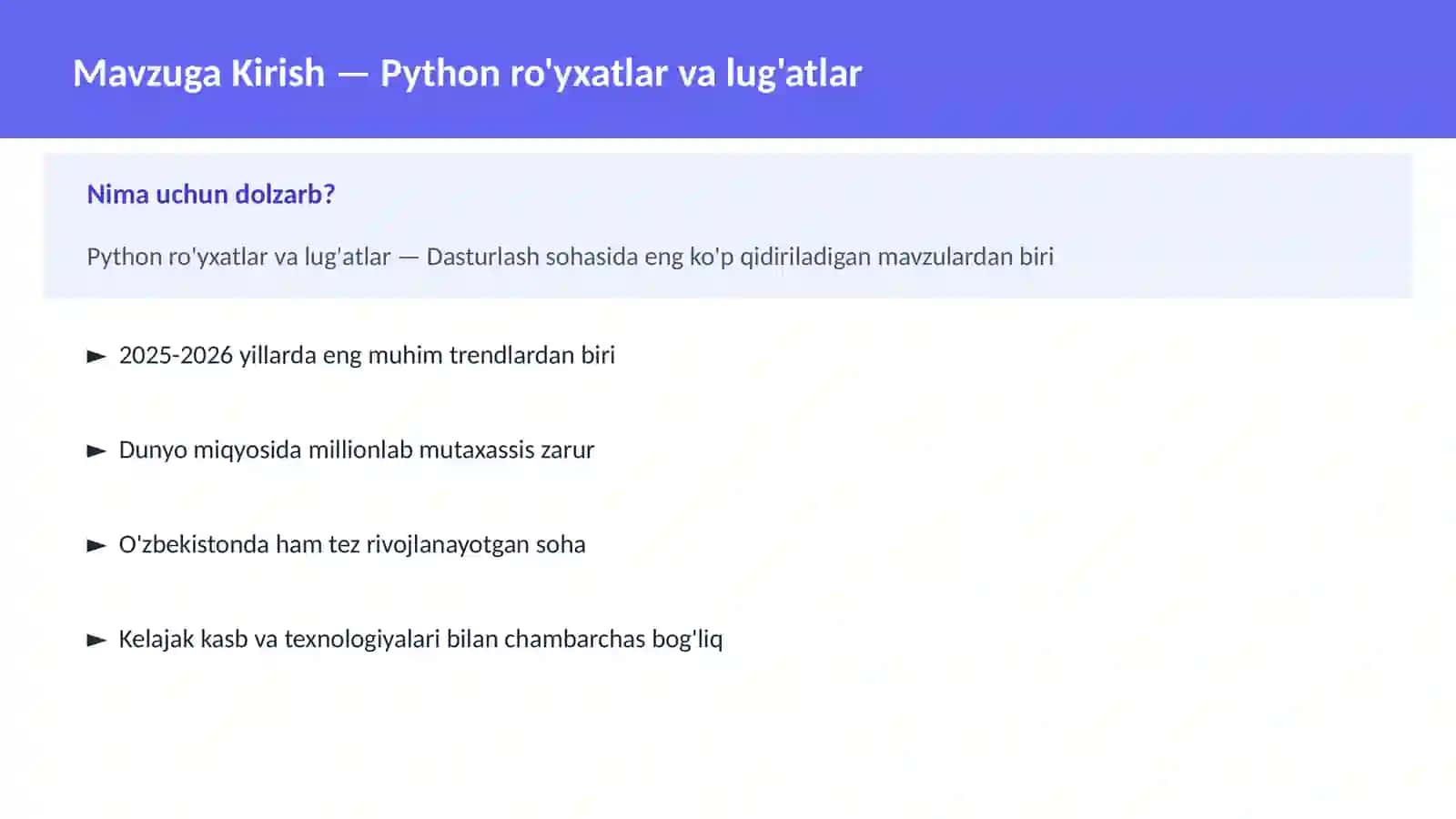 Python ro'yxatlar va lug'atlar 2